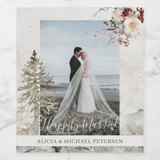 カップル結婚の写真のモダンスクリプエレガントト冬 ワインラベル (シングルラベル)