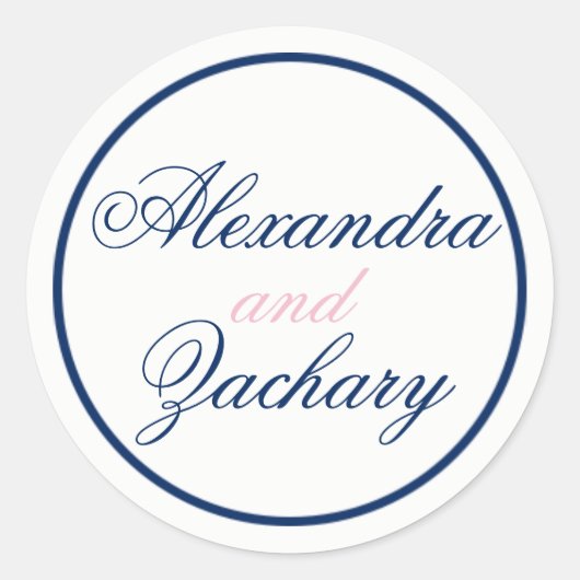 カップル結婚式の引き出物/ウェルカムバッグステッカー – ネイビー/ピンク ラウンドシール (正面)