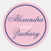 カップル結婚式の引き出物/ウェルカムバッグステッカー – ネイビー/ピンク ラウンドシール (正面)