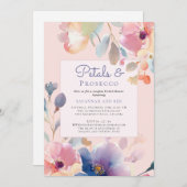 カップル花びらとプロセッコピンクブライダルシャワー 招待状 (正面/裏面)