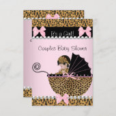 カップル赤ちゃんシャワーかわいい女の子ピンキヒョウ 招待状 (正面/裏面)