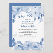 カップル赤ちゃんシャワーほこりっぽい青いフローラ水色 招待状 (正面/裏面)