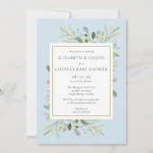 カップル赤ちゃんシャワーブルーユーカリ緑 招待状 (正面)