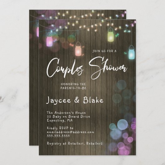 カップル赤ちゃんシャワーメイソンジャールトゥインクルライト 招待状 (正面/裏面)