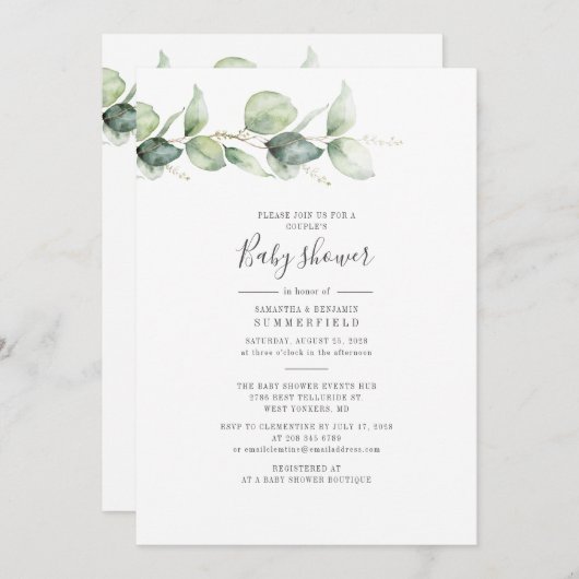 カップル赤ちゃんシャワーユーカリ緑の葉 招待状 (正面/裏面)
