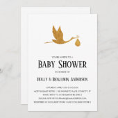 カップル赤ちゃんフェイクシャワー金箔ストークとバンドル 招待状 (正面/裏面)