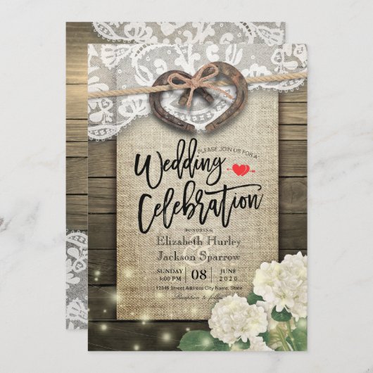 カップル蹄鉄ハートレースアジサイ結婚ウッド 招待状 (正面/裏面)