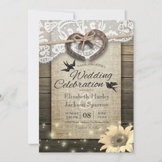 カップル蹄鉄ハートレース木ひまわり結婚の 招待状 (正面)