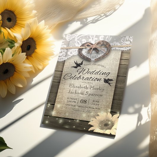 カップル蹄鉄ハートレース木ひまわり結婚の 招待状