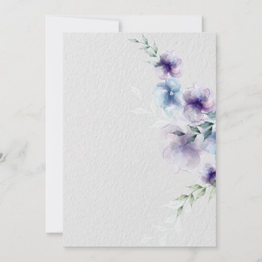カップル青と紫の半透明の水色の花 招待状 (裏面)