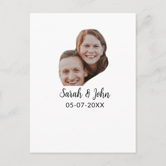 カップル顔写真 名前 日付 シンプルな結婚式 ポストカード (正面)