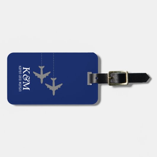 カップル飛んでいる一緒に青い旅行荷物タグ ラゲッジタグ (正面横)