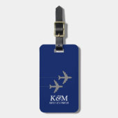 カップル飛んでいる一緒に青い旅行荷物タグ ラゲッジタグ (正面縦)