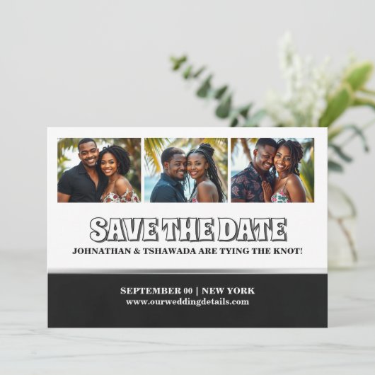 カップル3写真の編集可能な日付結婚を保存 招待状 (スタンド正面)