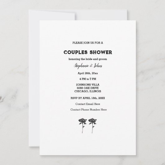 カップル・シャワー白黒シンプルフローラ結婚ズ 招待状 (正面)