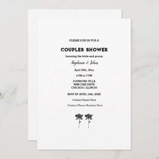 カップル・シャワー白黒シンプルフローラ結婚ズ 招待状 (正面/裏面)
