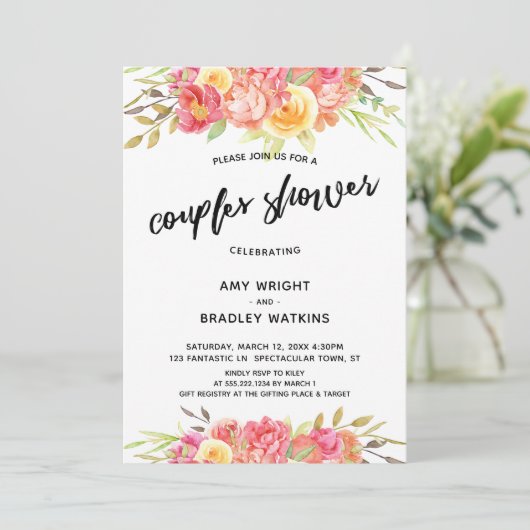 カップル·シャワー·色彩の鮮やかフローラ·ウエディング·レセプション 招待状 (スタンド正面)