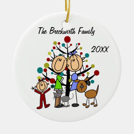 カップル、幼児の女の子、犬、猫の休日のオーナメント セラミックオーナメント (正面)