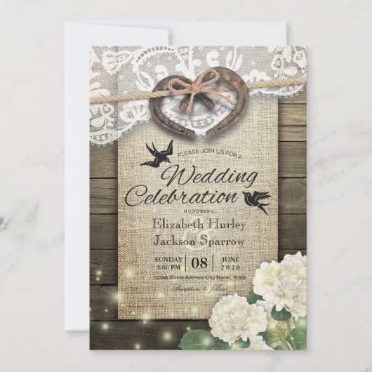 カップル 馬蹄 ハート ラック ウッド ハイドランジア 結婚式 招待状 (正面)