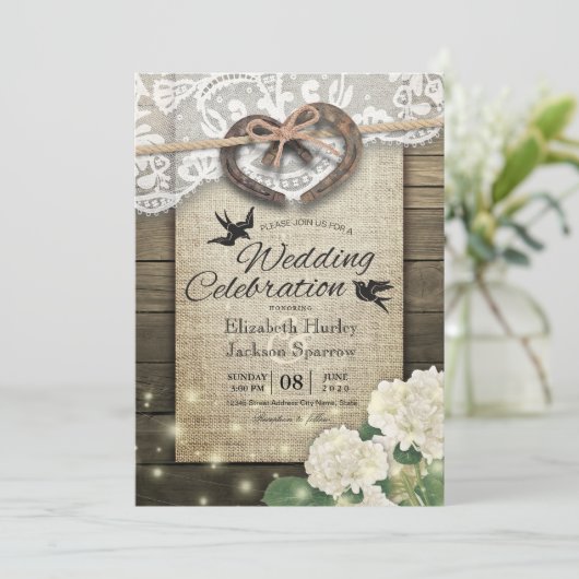 カップル 馬蹄 ハート ラック ウッド ハイドランジア 結婚式 招待状 (スタンド正面)