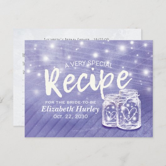 カップルMason Jarストリングライトブライダルシャワーレシピ インビテーションポストカード (正面/裏面)