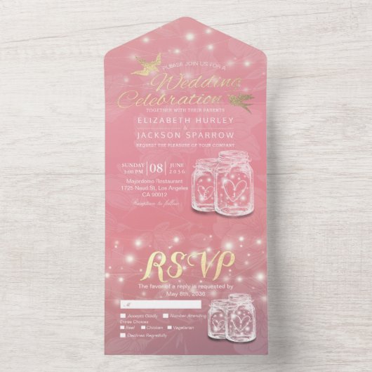 カップルMason Jar文字列ライトピンクのフローラ結婚 オールインワン招待状 (内側)
