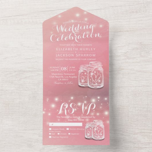 カップルMason Jar文字列ライトピンクのフローラ結婚 オールインワン招待状 (内側)