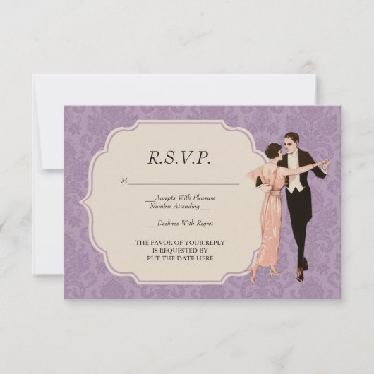 カップルR.S.V.P.カードを踊る20年代のヴィンテージ 出欠カード (正面)