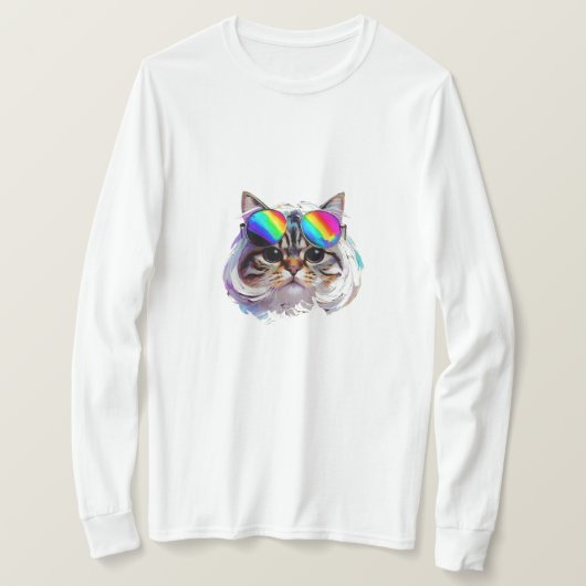 カツラとサングラスのネコ (絵画 #3) Tシャツ (デザイン正面)