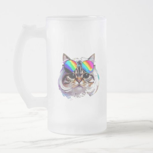 カツラとサングラスの猫 (絵画 #3) フロストグラスビールジョッキ (左)