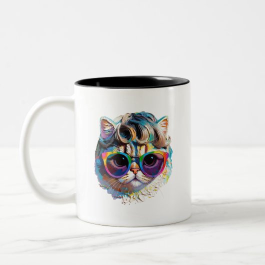 カツラとサングラスの猫 (絵画 #4) ツートーンマグカップ (左)