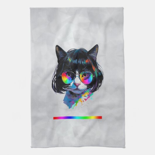 カツラとサングラスの猫 (絵画 #6) キッチンタオル (縦)