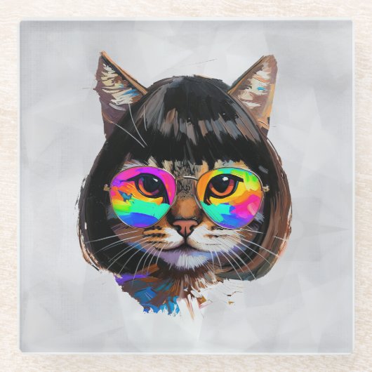 カツラとサングラスをかけた猫 (絵画 #9) ガラスコースター (正面)