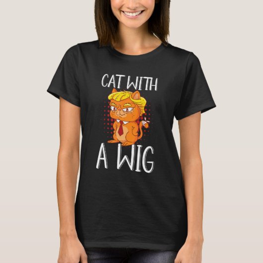 カツラを被った猫+ウィッグ+付け毛 Tシャツ (正面)
