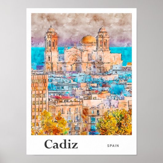 カディス・スペイン旅行水の色の手描き ポスター (正面)