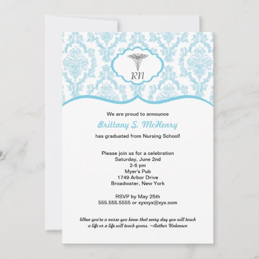 カデュセス·ダマスク·ブルー看護学校卒業RN 招待状 (正面)