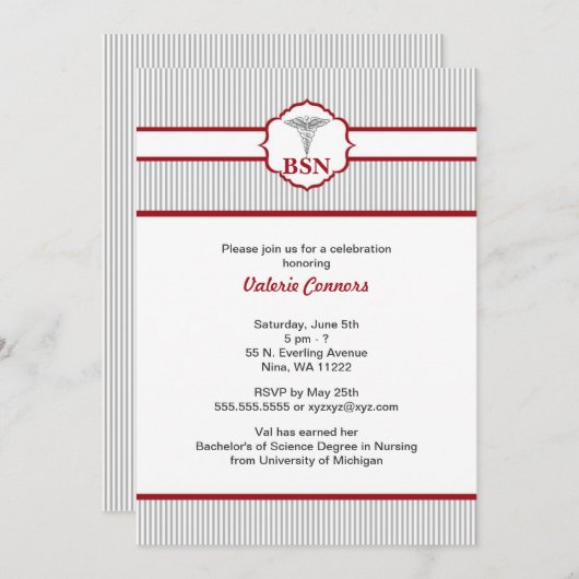 カデュースRN BSN LPN卒業バーグンディ赤 招待状 (正面/裏面)