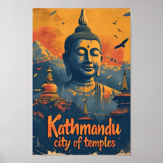 カトマンズネパールヴィンテージアートトラベルイラストレーション ポスター (正面)