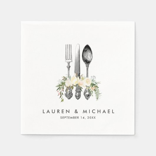 カトラリーアイボリーフローラ結婚グリーンのナプキン スタンダードカクテルナプキン (正面)