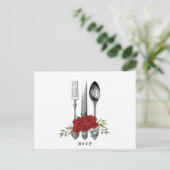カトラリーレッド花模様ウェディングsvpポストカード インビテーションポストカード (スタンド正面)