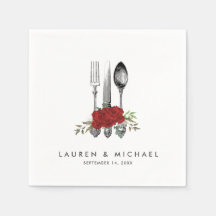 カトラリー赤いバラフローラ結婚緑のナプキン