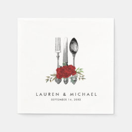 カトラリー赤いバラフローラ結婚緑のナプキン スタンダードカクテルナプキン