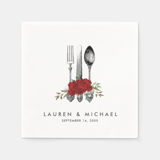 カトラリー赤いバラフローラ結婚緑のナプキン スタンダードカクテルナプキン (正面)