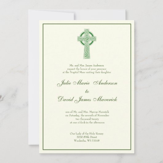 カトリックのアイリッシュケルトのクロスグリーンアイボリーの招待 招待状 (正面)