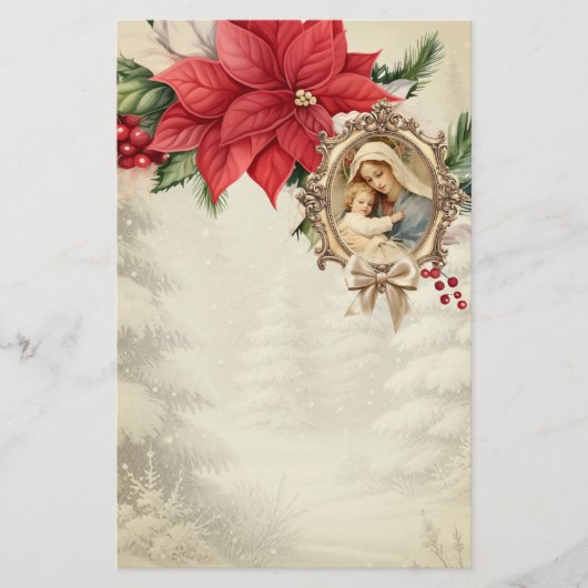 カトリックのクリスマスメアリーイエスポインセチア 便箋 (正面)