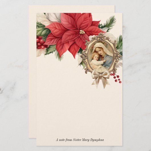 カトリックのクリスマスメアリーイエスポインセチア 便箋 (正面/裏面)