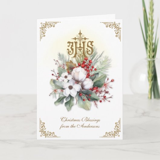カトリックのクリスマス IHS フラワー ポインセチア シーズンカード (正面)