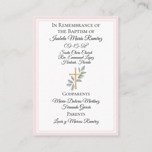 カトリックのバプテスマの赤ちゃん女の子ピンクの記憶カード 名刺 (裏面)