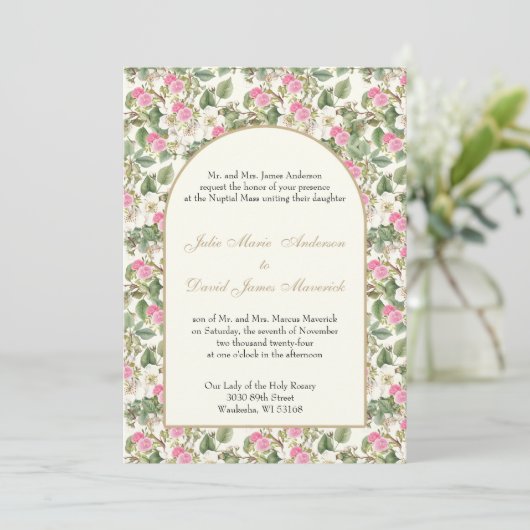 カトリックのピンクと白のフローラ宗教結婚の 招待状 (スタンド正面)