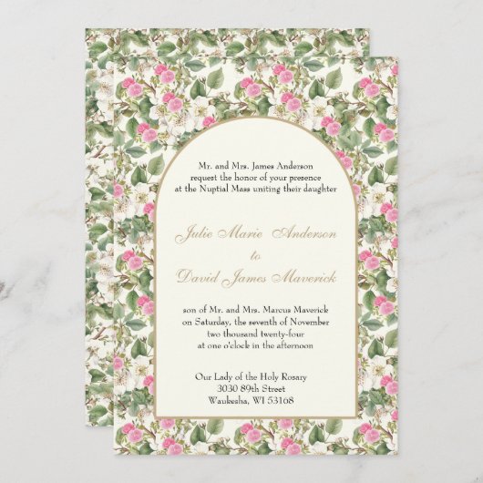カトリックのピンクと白のフローラ宗教結婚の 招待状 (正面/裏面)